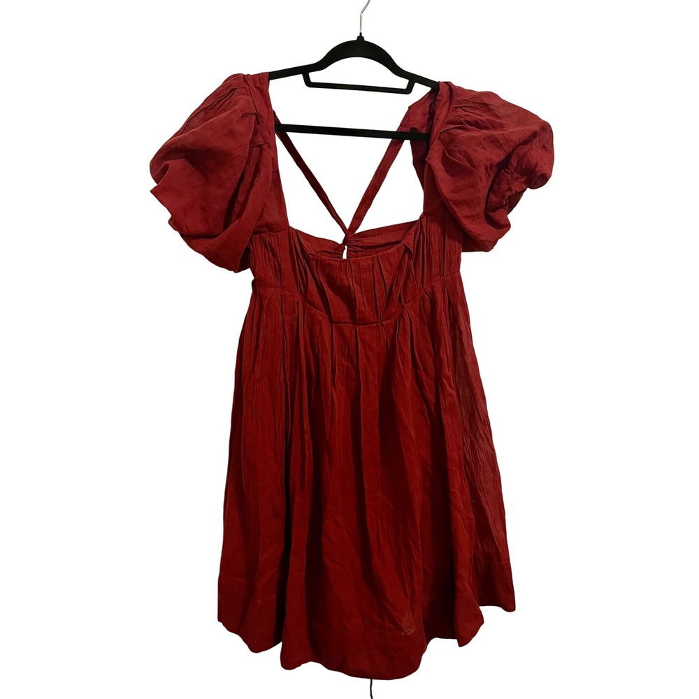 Free People Wine Red Babydoll Mini Dress Puff Sleeve Open Back L NWT 100% Cotton - Picture 2 of 10